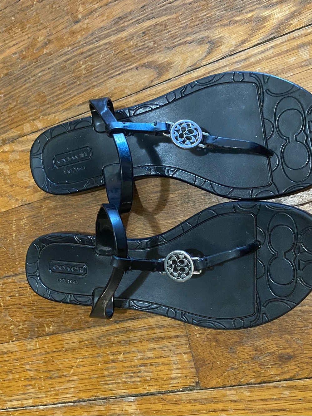 Coach Black Patent Thong Sandals with Silver Logo Accent